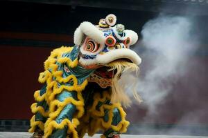 Dragon or lion dance show barongsai in celebration chinese lunar new year festival. Asian traditional concept by AI Generated photo