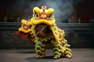 Dragon or lion dance show barongsai in celebration chinese lunar new year festival. Asian traditional concept by AI Generated photo