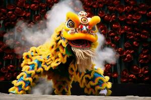 Dragon or lion dance show barongsai in celebration chinese lunar new year festival. Asian traditional concept by AI Generated photo