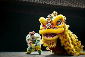 Dragon or lion dance show barongsai in celebration chinese lunar new year festival. Asian traditional concept by AI Generated photo