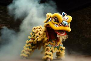 Dragon or lion dance show barongsai in celebration chinese lunar new year festival. Asian traditional concept by AI Generated photo