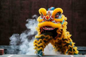 Dragon or lion dance show barongsai in celebration chinese lunar new year festival. Asian traditional concept by AI Generated photo