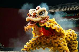 Dragon or lion dance show barongsai in celebration chinese lunar new year festival. Asian traditional concept by AI Generated photo