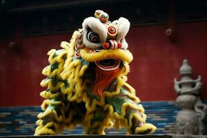 Dragon or lion dance show barongsai in celebration chinese lunar new year festival. Asian traditional concept by AI Generated photo