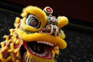 continuar o león danza espectáculo barongsai en celebracion chino lunar nuevo año festival. asiático tradicional concepto por ai generado foto