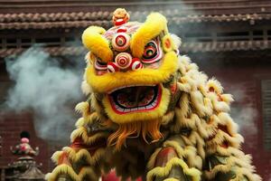 continuar o león danza espectáculo barongsai en celebracion chino lunar nuevo año festival. asiático tradicional concepto por ai generado foto