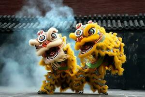 continuar o león danza espectáculo barongsai en celebracion chino lunar nuevo año festival. asiático tradicional concepto por ai generado foto