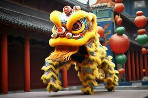 Dragon or lion dance show barongsai in celebration chinese lunar new year festival. Asian traditional concept by AI Generated photo