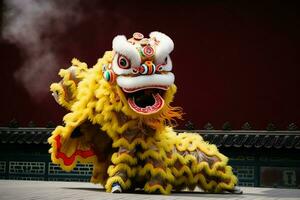 continuar o león danza espectáculo barongsai en celebracion chino lunar nuevo año festival. asiático tradicional concepto por ai generado foto