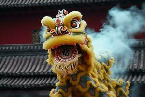 continuar o león danza espectáculo barongsai en celebracion chino lunar nuevo año festival. asiático tradicional concepto por ai generado foto