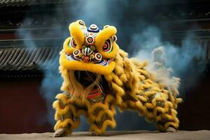 Dragon or lion dance show barongsai in celebration chinese lunar new year festival. Asian traditional concept by AI Generated photo