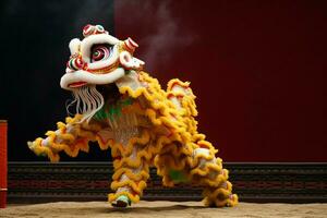 Dragon or lion dance show barongsai in celebration chinese lunar new year festival. Asian traditional concept by AI Generated photo