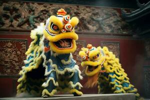 Dragon or lion dance show barongsai in celebration chinese lunar new year festival. Asian traditional concept by AI Generated photo