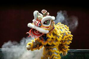 Dragon or lion dance show barongsai in celebration chinese lunar new year festival. Asian traditional concept by AI Generated photo