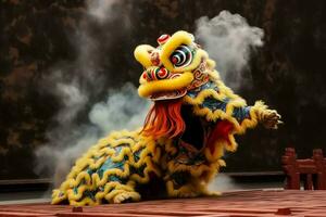 Dragon or lion dance show barongsai in celebration chinese lunar new year festival. Asian traditional concept by AI Generated photo