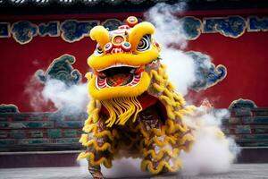 continuar o león danza espectáculo barongsai en celebracion chino lunar nuevo año festival. asiático tradicional concepto por ai generado foto