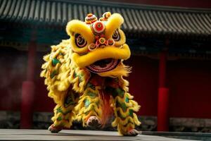 continuar o león danza espectáculo barongsai en celebracion chino lunar nuevo año festival. asiático tradicional concepto por ai generado foto