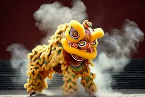 Dragon or lion dance show barongsai in celebration chinese lunar new year festival. Asian traditional concept by AI Generated photo