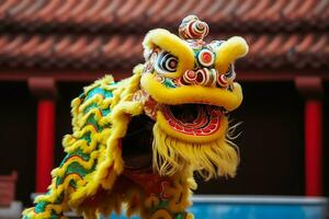 continuar o león danza espectáculo barongsai en celebracion chino lunar nuevo año festival. asiático tradicional concepto por ai generado foto