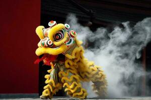 continuar o león danza espectáculo barongsai en celebracion chino lunar nuevo año festival. asiático tradicional concepto por ai generado foto