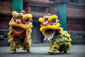 continuar o león danza espectáculo barongsai en celebracion chino lunar nuevo año festival. asiático tradicional concepto por ai generado foto