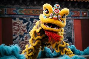 continuar o león danza espectáculo barongsai en celebracion chino lunar nuevo año festival. asiático tradicional concepto por ai generado foto