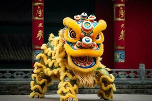 Dragon or lion dance show barongsai in celebration chinese lunar new year festival. Asian traditional concept by AI Generated photo