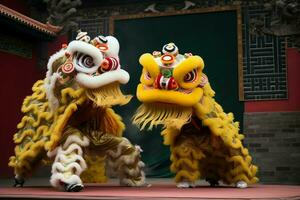 Dragon or lion dance show barongsai in celebration chinese lunar new year festival. Asian traditional concept by AI Generated photo