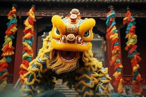 Dragon or lion dance show barongsai in celebration chinese lunar new year festival. Asian traditional concept by AI Generated photo