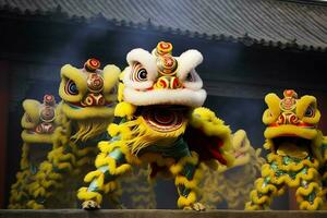 Dragon or lion dance show barongsai in celebration chinese lunar new year festival. Asian traditional concept by AI Generated photo