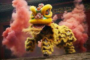 Dragon or lion dance show barongsai in celebration chinese lunar new year festival. Asian traditional concept by AI Generated photo