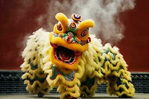 continuar o león danza espectáculo barongsai en celebracion chino lunar nuevo año festival. asiático tradicional concepto por ai generado foto