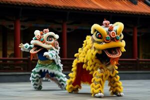 continuar o león danza espectáculo barongsai en celebracion chino lunar nuevo año festival. asiático tradicional concepto por ai generado foto