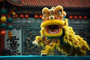 Dragon or lion dance show barongsai in celebration chinese lunar new year festival. Asian traditional concept by AI Generated photo