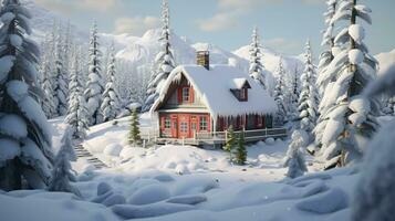 One-storey cottage in winter, Generative ai photo