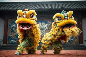 continuar o león danza espectáculo barongsai en celebracion chino lunar nuevo año festival. asiático tradicional concepto por ai generado foto