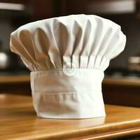 White cook hat in the kitchen table and copy space for your decoration. Advertising photography concept by AI Generated photo