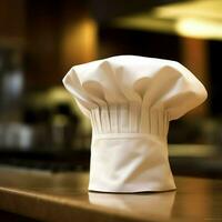 White cook hat in the kitchen table and copy space for your decoration. Advertising photography concept by AI Generated photo