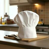 White cook hat in the kitchen table and copy space for your decoration. Advertising photography concept by AI Generated photo