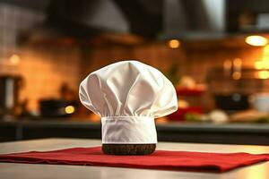 blanco cocinar sombrero en el cocina mesa y Copiar espacio para tu decoración. publicidad fotografía concepto por ai generado foto