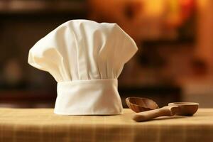 White cook hat in the kitchen table and copy space for your decoration. Advertising photography concept by AI Generated photo