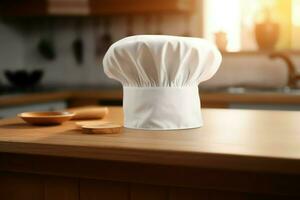 White cook hat in the kitchen table and copy space for your decoration. Advertising photography concept by AI Generated photo