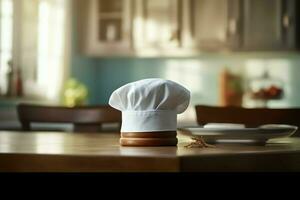 White cook hat in the kitchen table and copy space for your decoration. Advertising photography concept by AI Generated photo