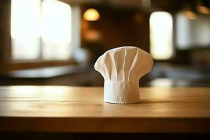 blanco cocinar sombrero en el cocina mesa y Copiar espacio para tu decoración. publicidad fotografía concepto por ai generado foto