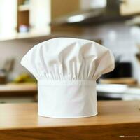 White cook hat in the kitchen table and copy space for your decoration. Advertising photography concept by AI Generated photo