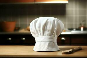 White cook hat in the kitchen table and copy space for your decoration. Advertising photography concept by AI Generated photo