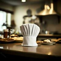 White cook hat in the kitchen table and copy space for your decoration. Advertising photography concept by AI Generated photo