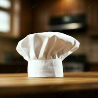 White cook hat in the kitchen table and copy space for your decoration. Advertising photography concept by AI Generated photo