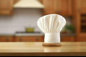 White cook hat in the kitchen table and copy space for your decoration. Advertising photography concept by AI Generated photo