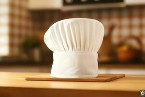 White cook hat in the kitchen table and copy space for your decoration. Advertising photography concept by AI Generated photo